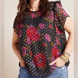 Anthropologie Floral Print Short Flutter Sleeve Sheer Fiorella Blouse Size 20W